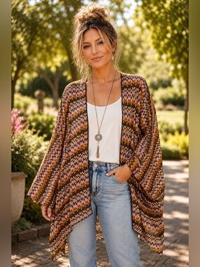 100% Silk Chevron Print Open Front Kimono Cardigan Cover Up OS S-L Preloved A31
